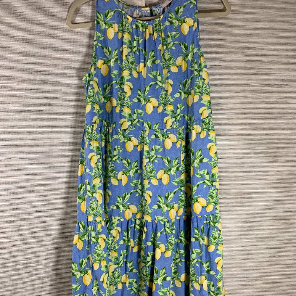 Ann Taylor LOFT Tiered Swing Dress Lemon Print Yellow Blue Sleeveless MEDIUM